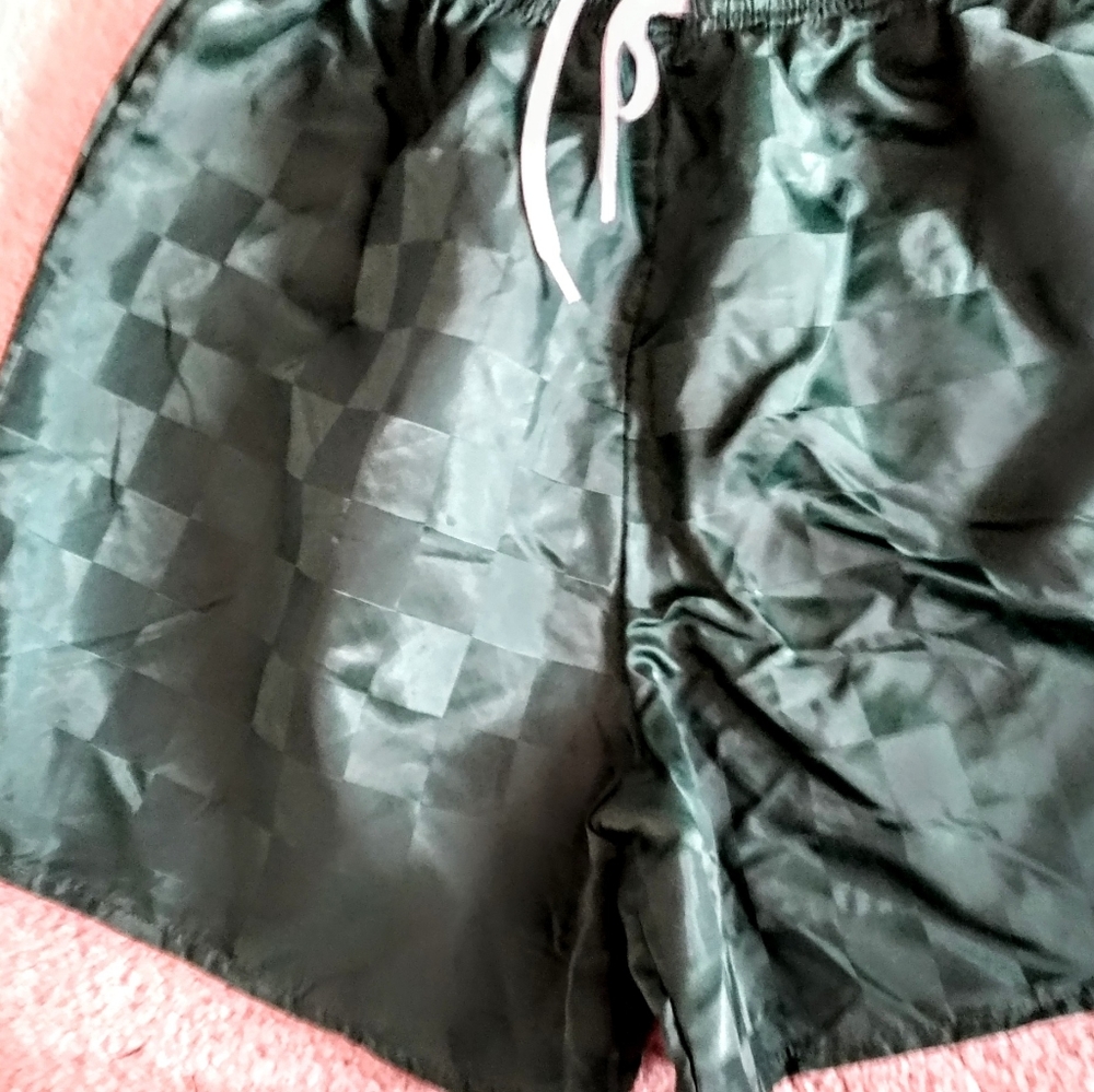 LADIES SHORTS, RED GREEN CHECKERED NYLON, BY ESSENTIAL GEAR, SIZE L, XL, USED